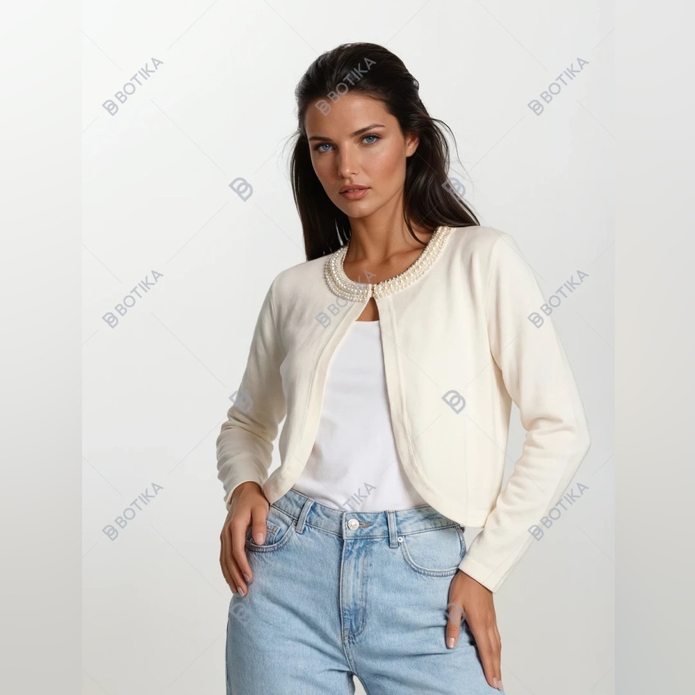 Spense Cream Pearl Embellished Cropped Cardigan Shrug Large